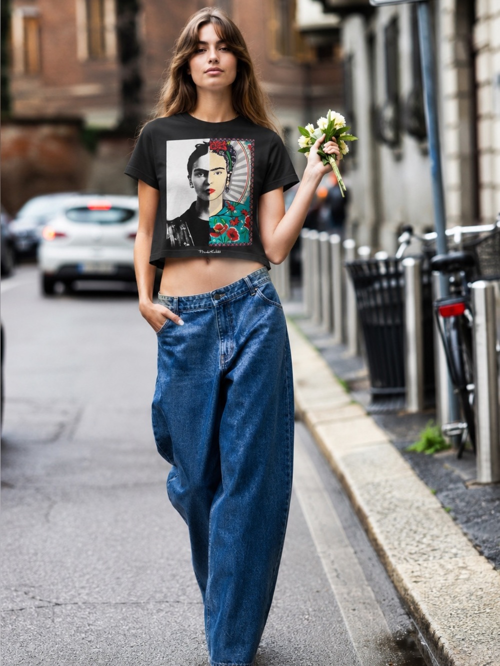 Frida Kahlo black tee size M cropped pre-loved light wear hippie chick